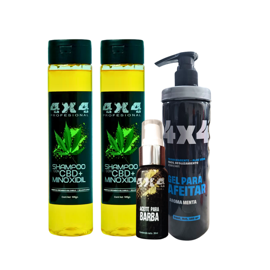 Kit Completo 4X4 para Hombres | Cabello Sin Caspa, Barba y Afeitado Sin Irritación