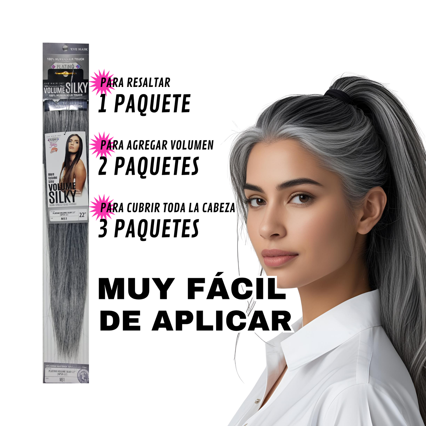 Platino Volume Silky - Ponytail Cabello Liso 22" / Tono M51